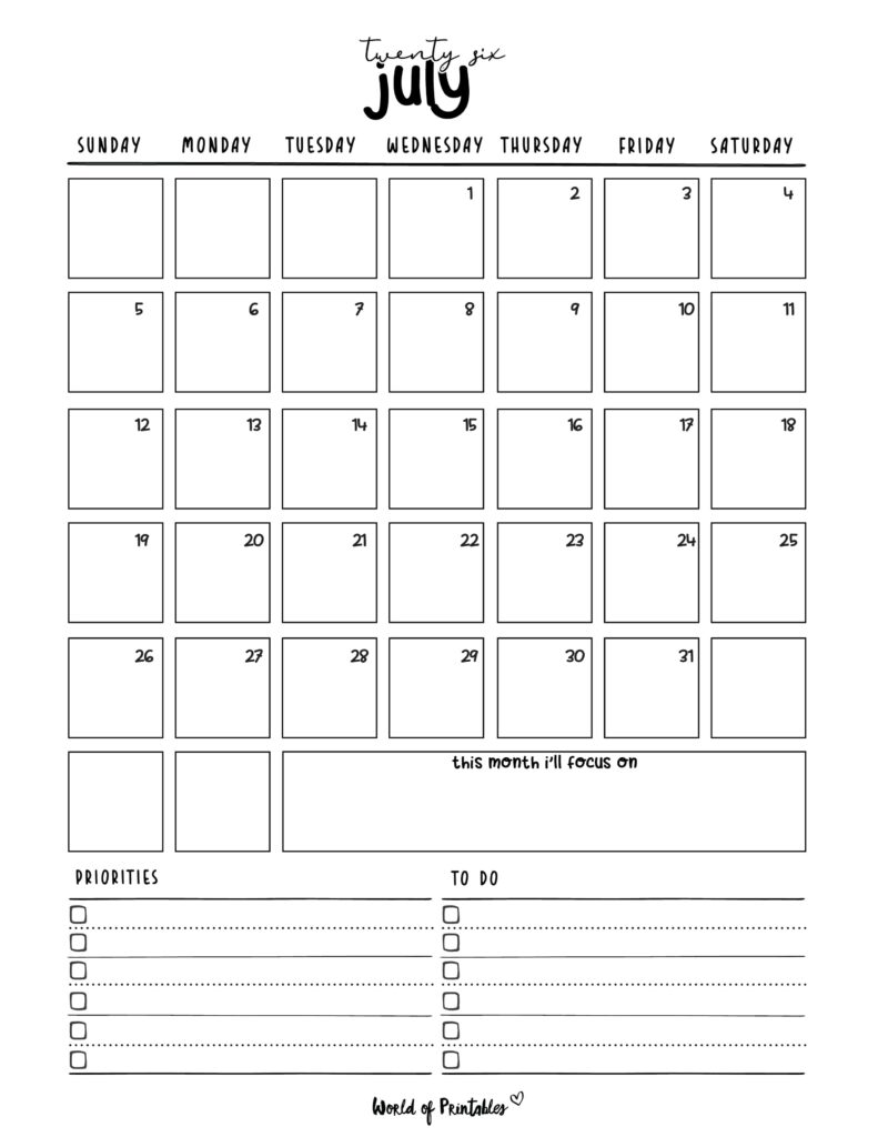 Printable July 2026 Calendar Design 214