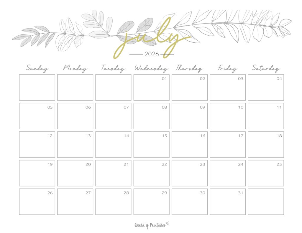 Printable July 2026 Calendar Design 250