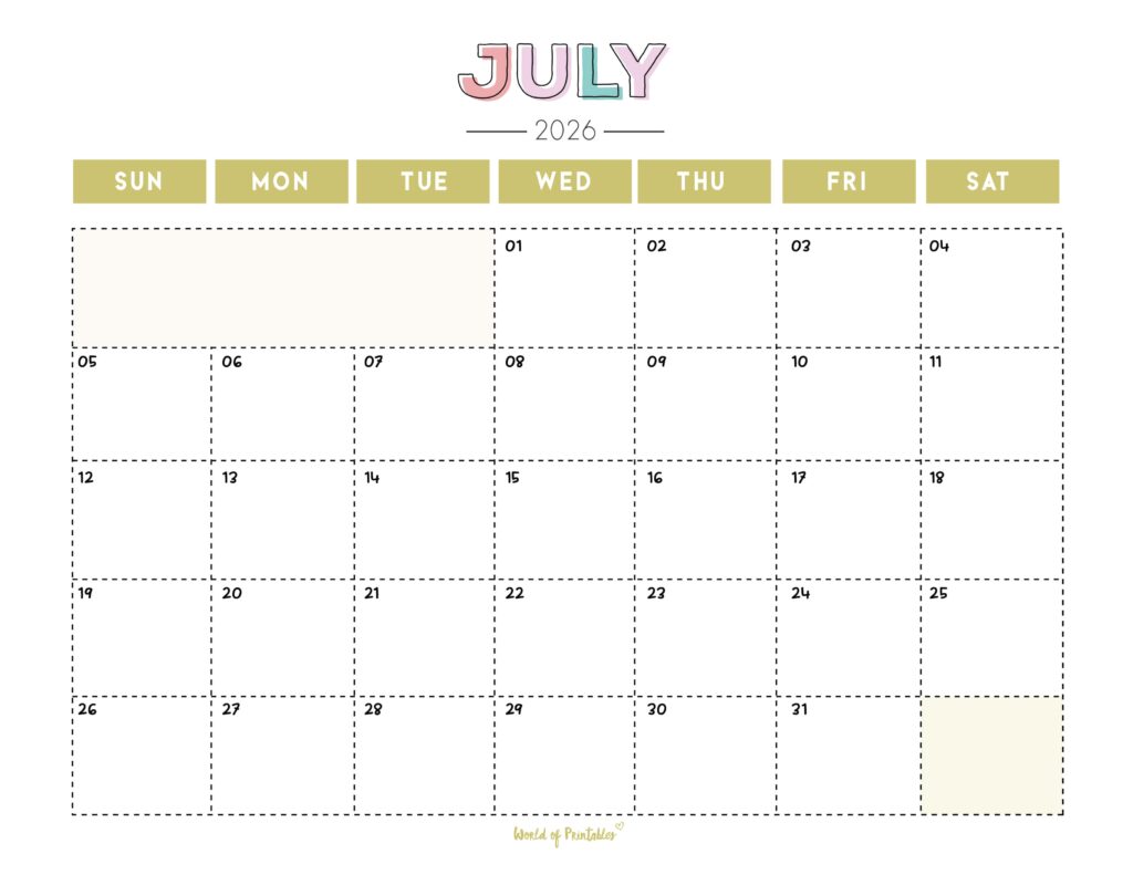Printable July 2026 Calendar Design 252