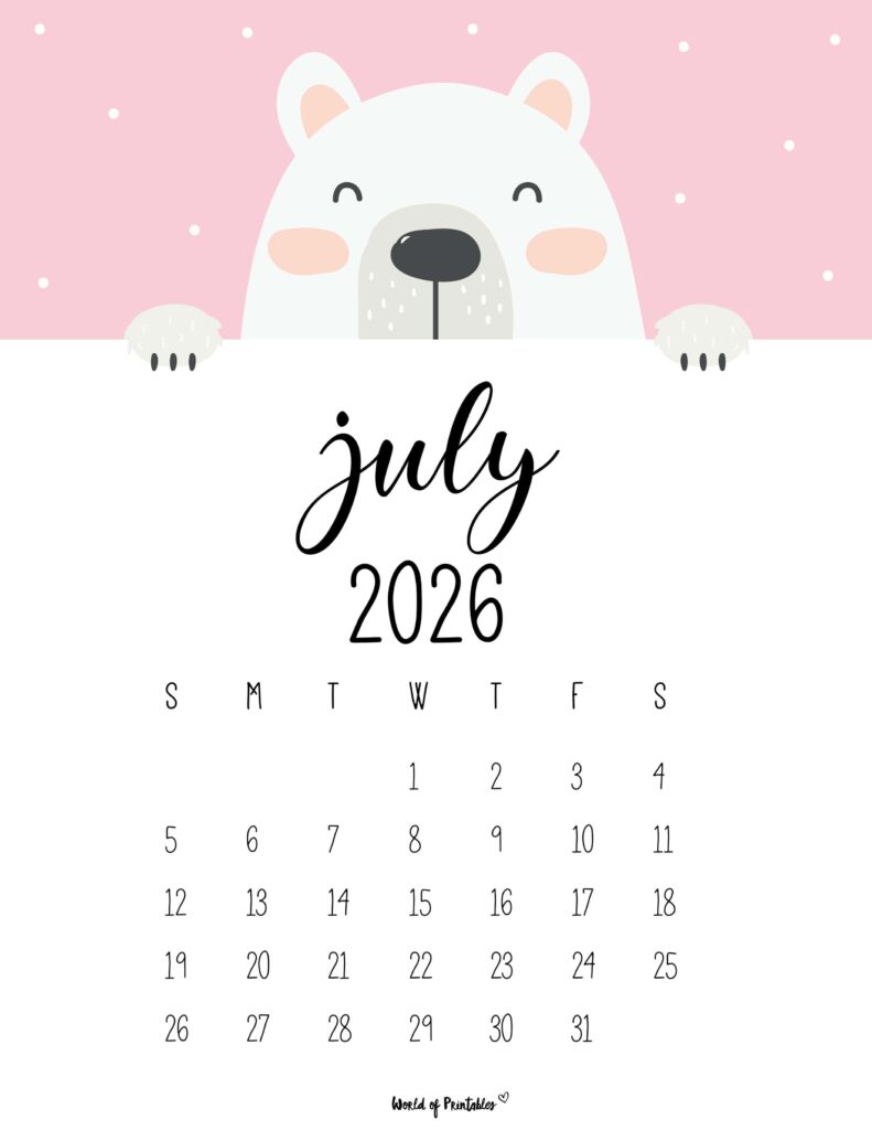 Printable July 2026 Calendar Design 30