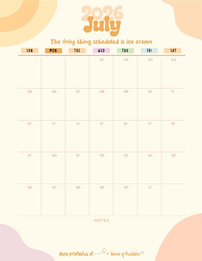 Printable July 2026 Calendar Design 300