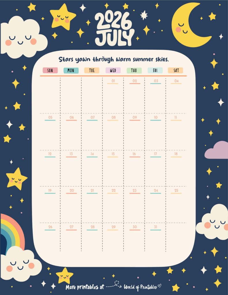 Printable July 2026 Calendar Design 302