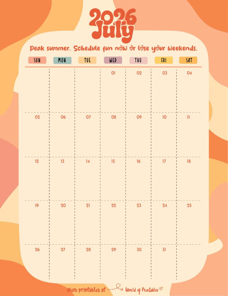 Printable July 2026 Calendar Design 303