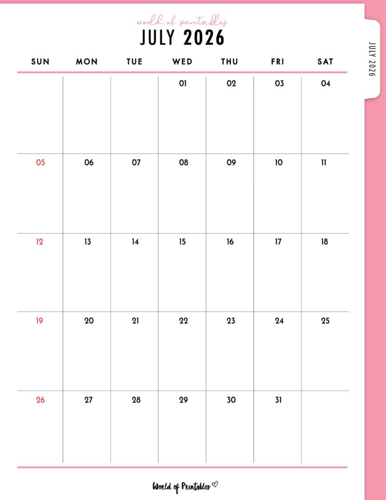 Printable July 2026 Calendar Design 308