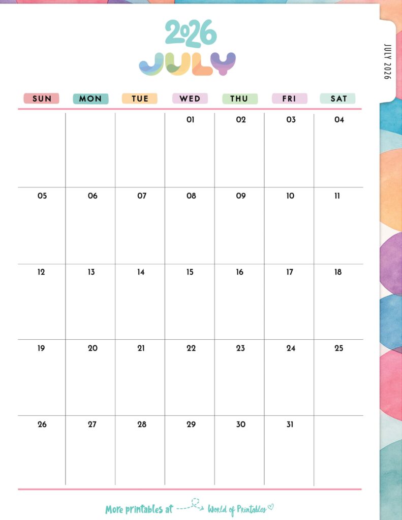 Printable July 2026 Calendar Design 309