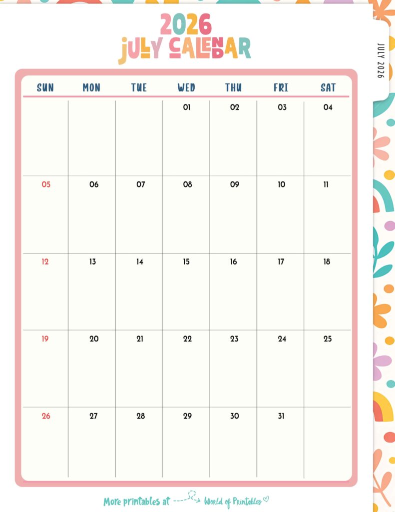 Printable July 2026 Calendar Design 310