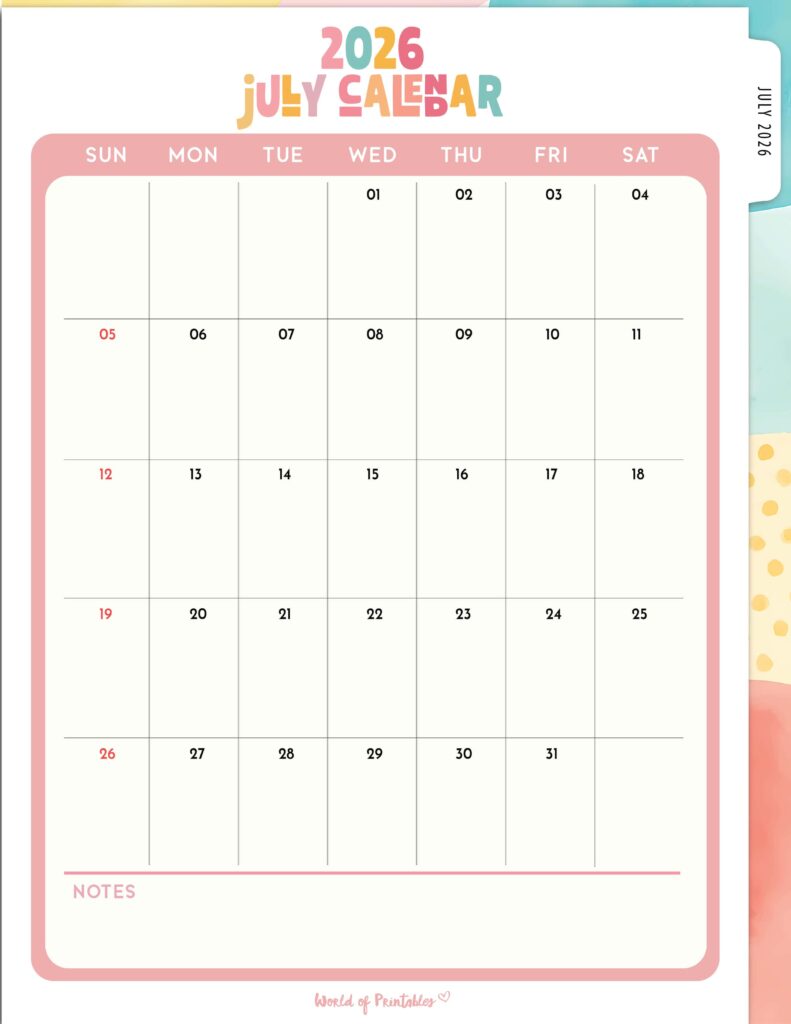 Printable July 2026 Calendar Design 311