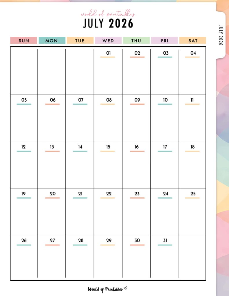 Printable July 2026 Calendar Design 313