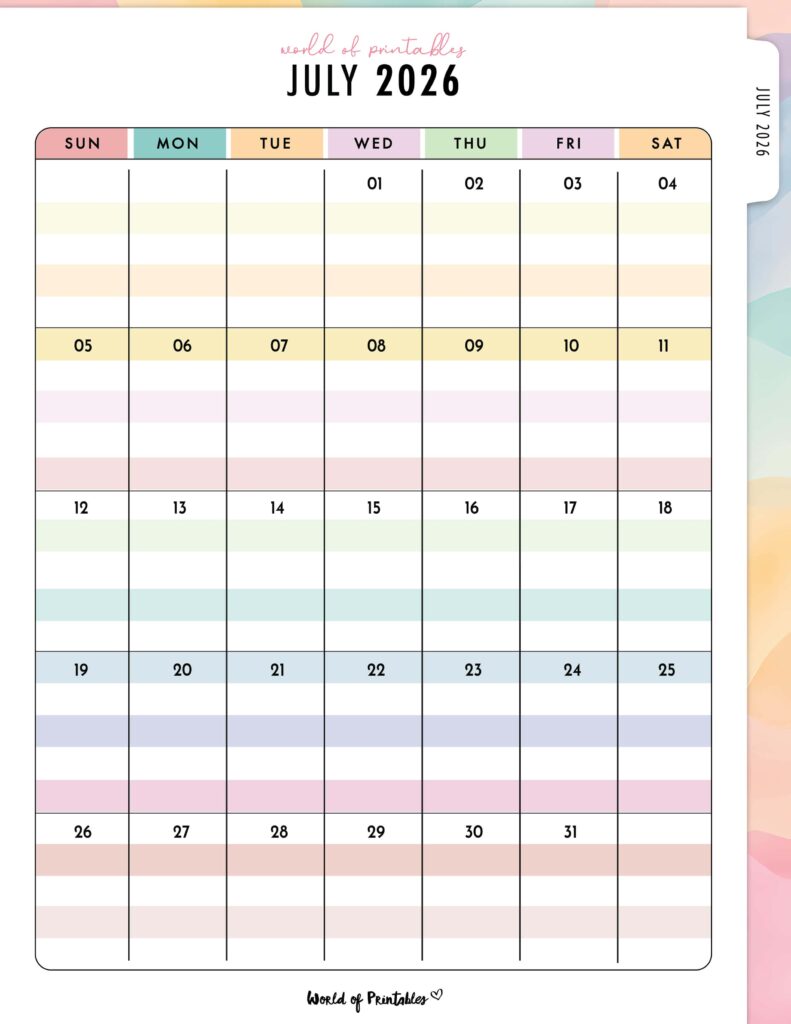 Printable July 2026 Calendar Design 314