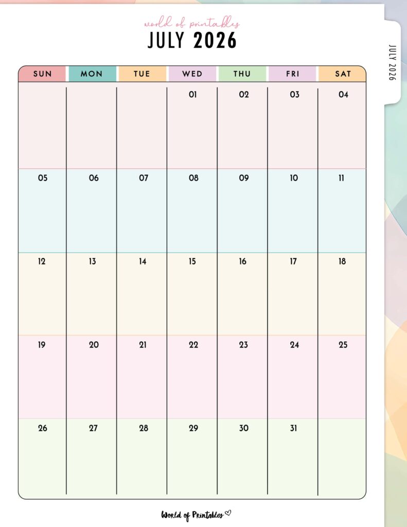 Printable July 2026 Calendar Design 315