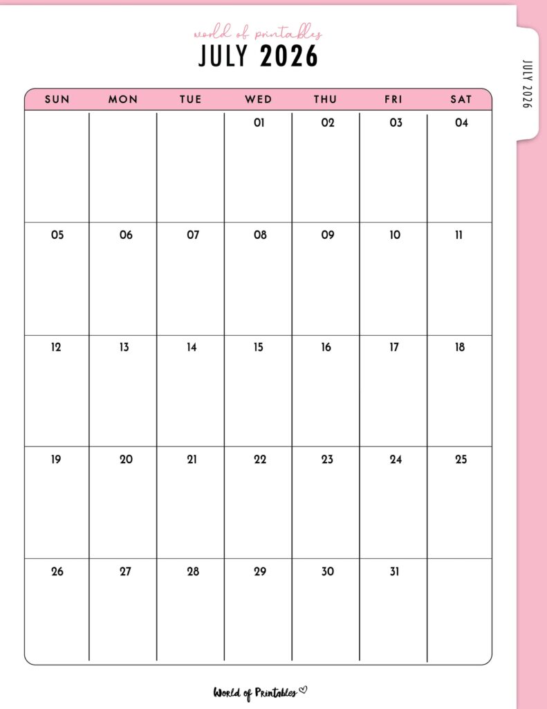Printable July 2026 Calendar Design 316