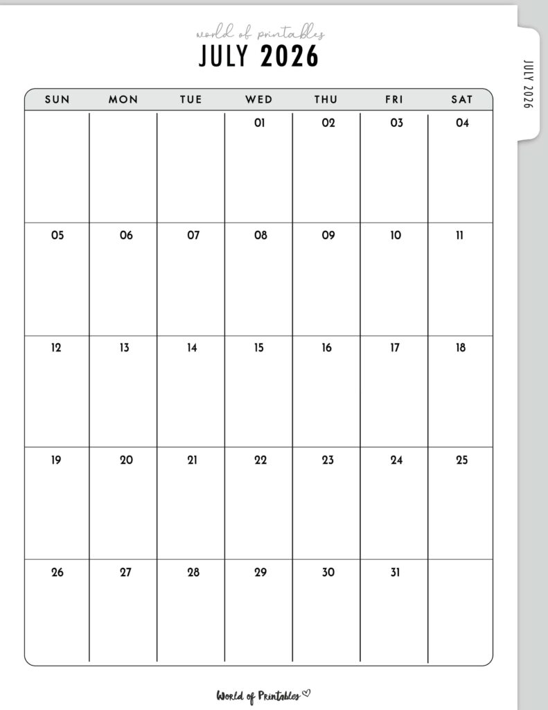 Printable July 2026 Calendar Design 317