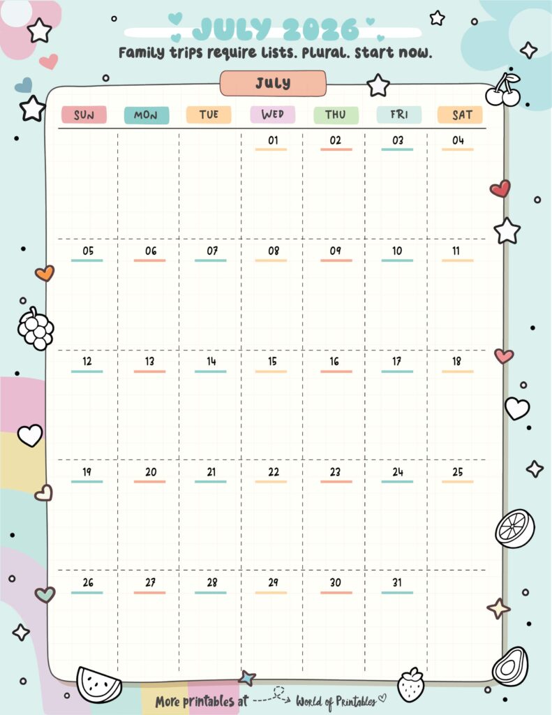 Printable July 2026 Calendar Design 322