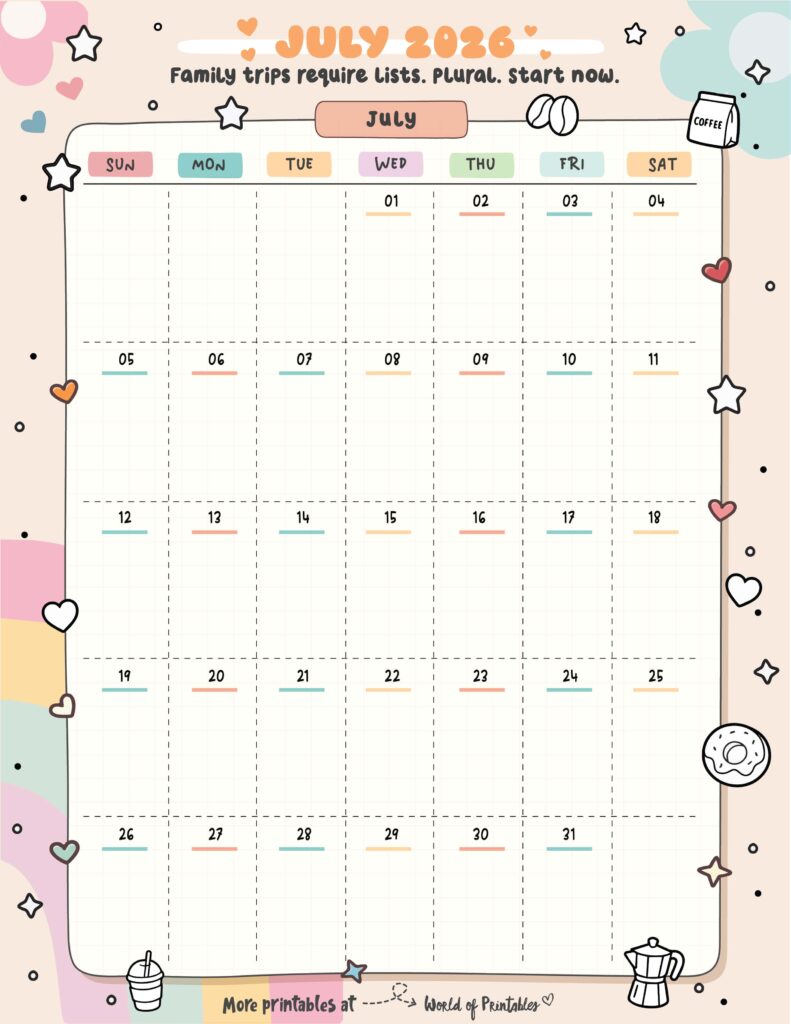 Printable July 2026 Calendar Design 323