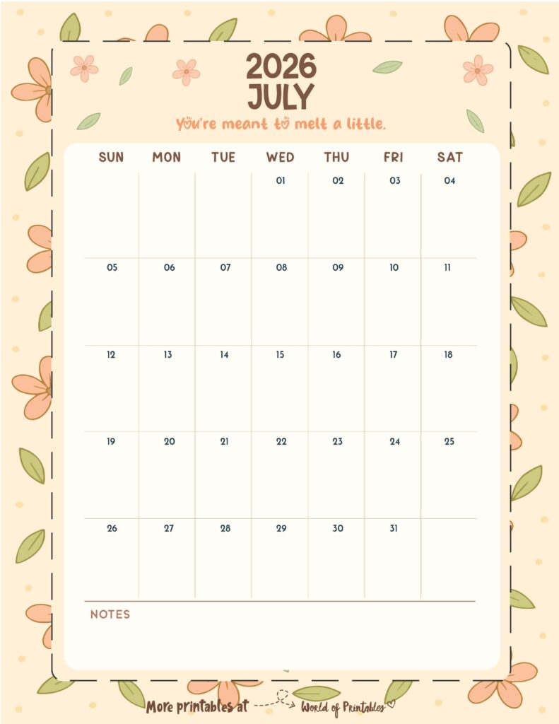 Printable July 2026 Calendar Design 327