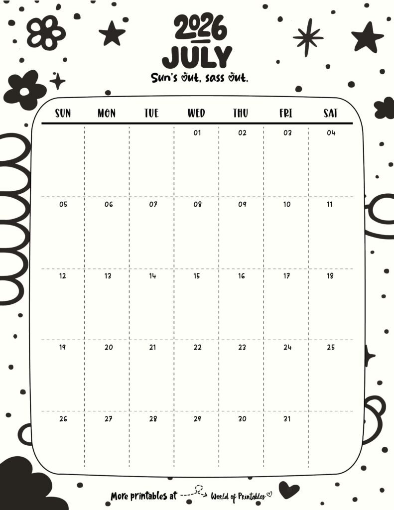 Printable July 2026 Calendar Design 329