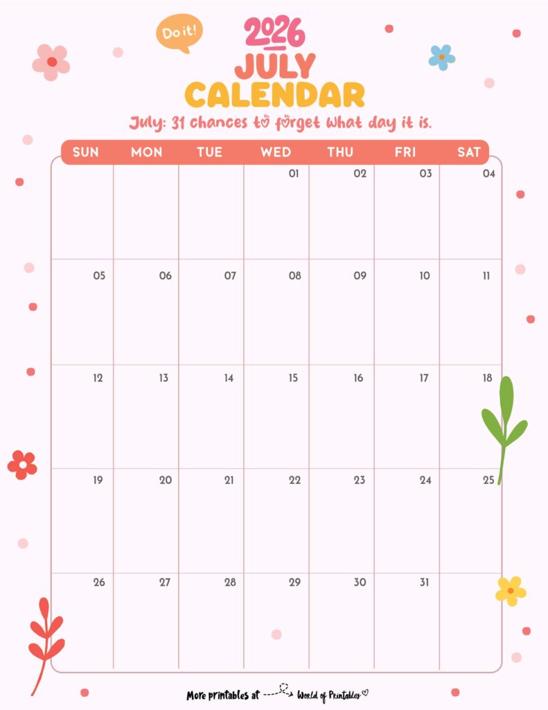 Printable July 2026 Calendar Design 330