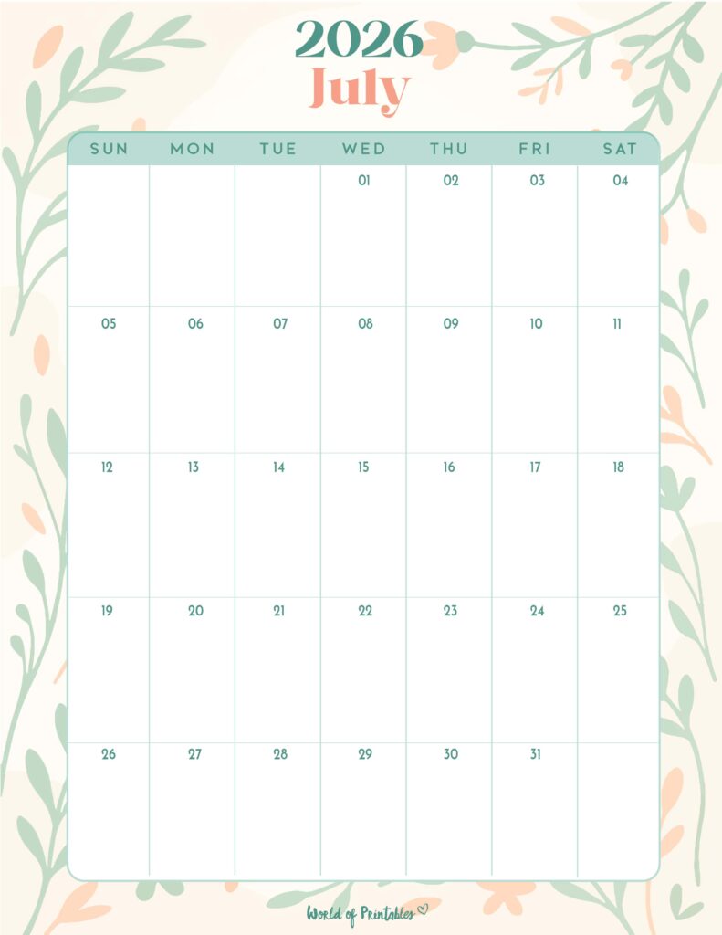 Printable July 2026 Calendar Design 334