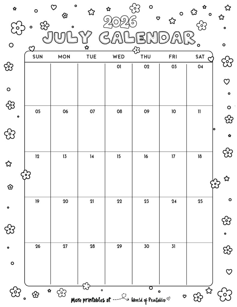 Printable July 2026 Calendar Design 342