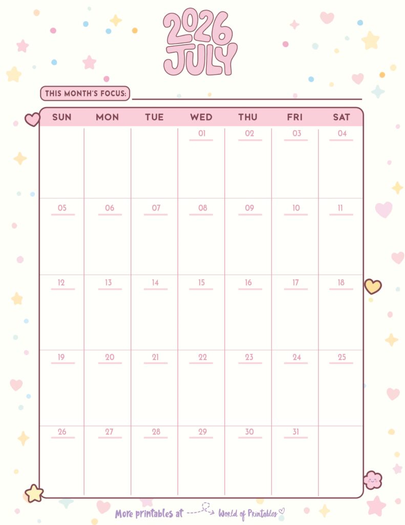 Printable July 2026 Calendar Design 344
