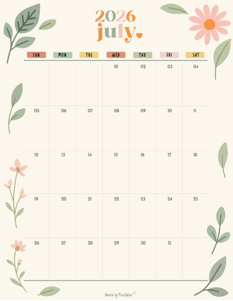 Printable July 2026 Calendar Design 345
