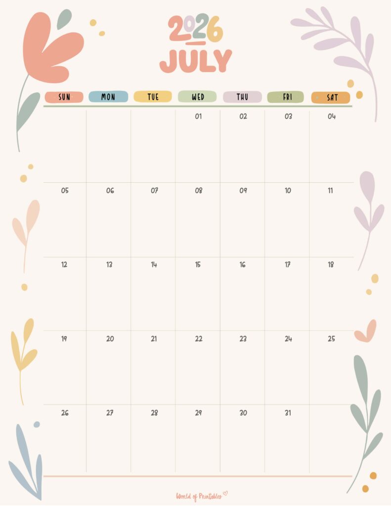 Printable July 2026 Calendar Design 349