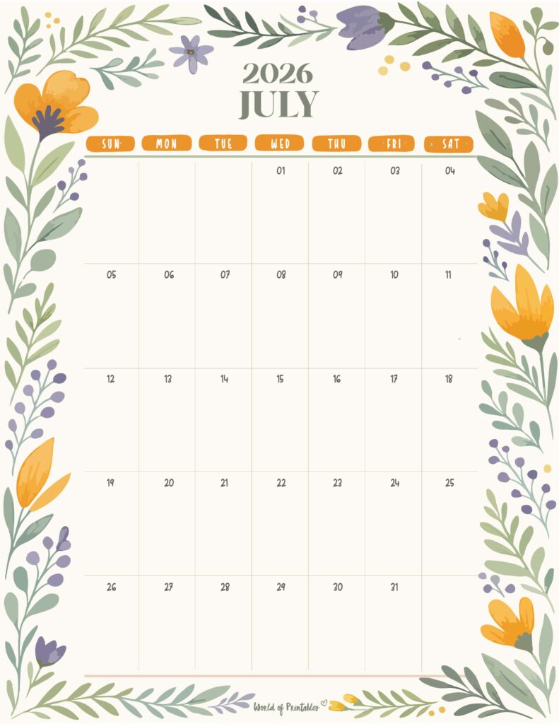 Printable July 2026 Calendar Design 350