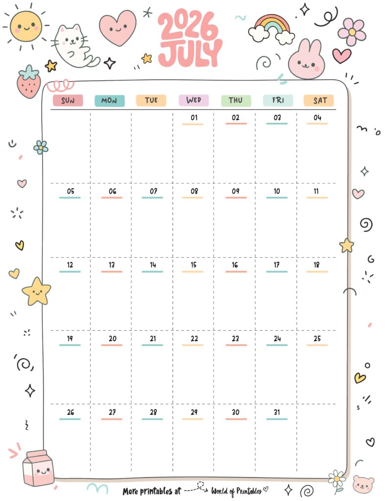Printable July 2026 Calendar Design 353