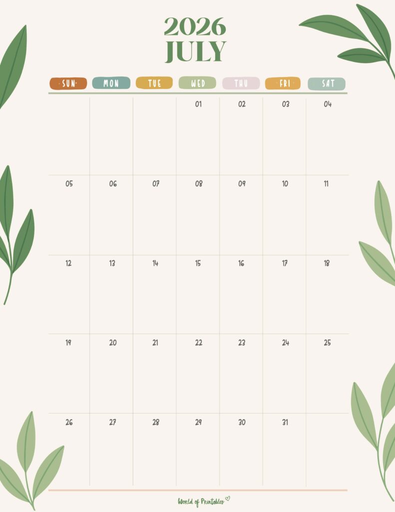 Printable July 2026 Calendar Design 354