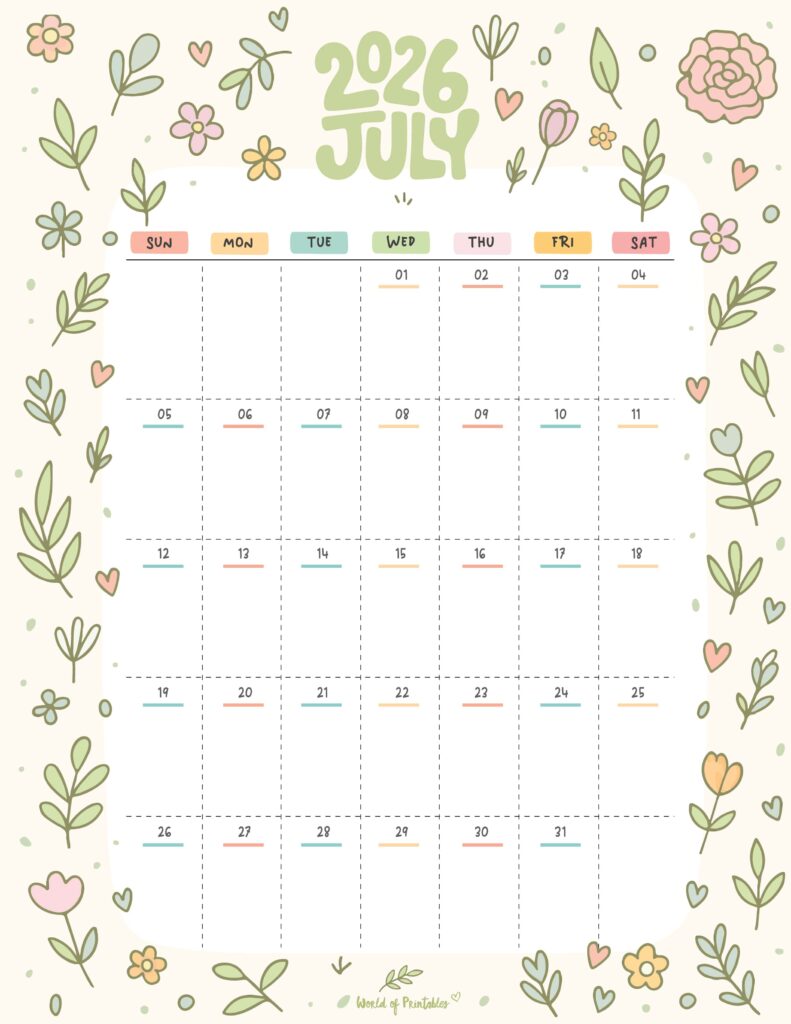 Printable July 2026 Calendar Design 357