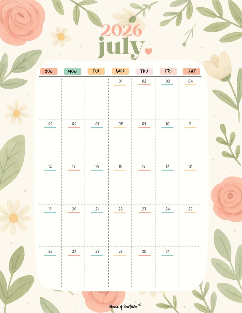 Printable July 2026 Calendar Design 358