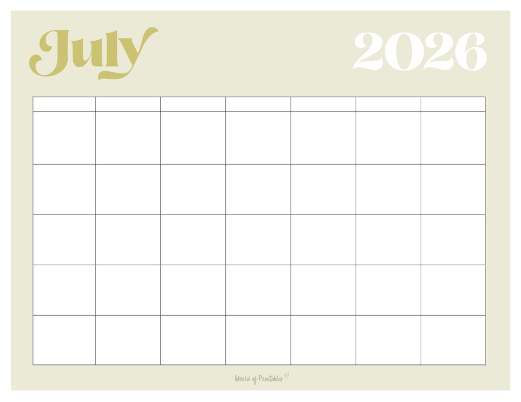Printable July 2026 Calendar Design 365