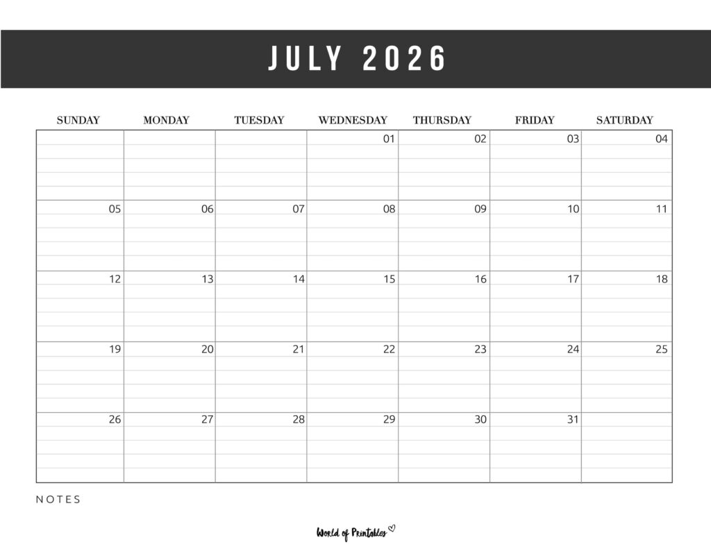Printable July 2026 Calendar Design 372