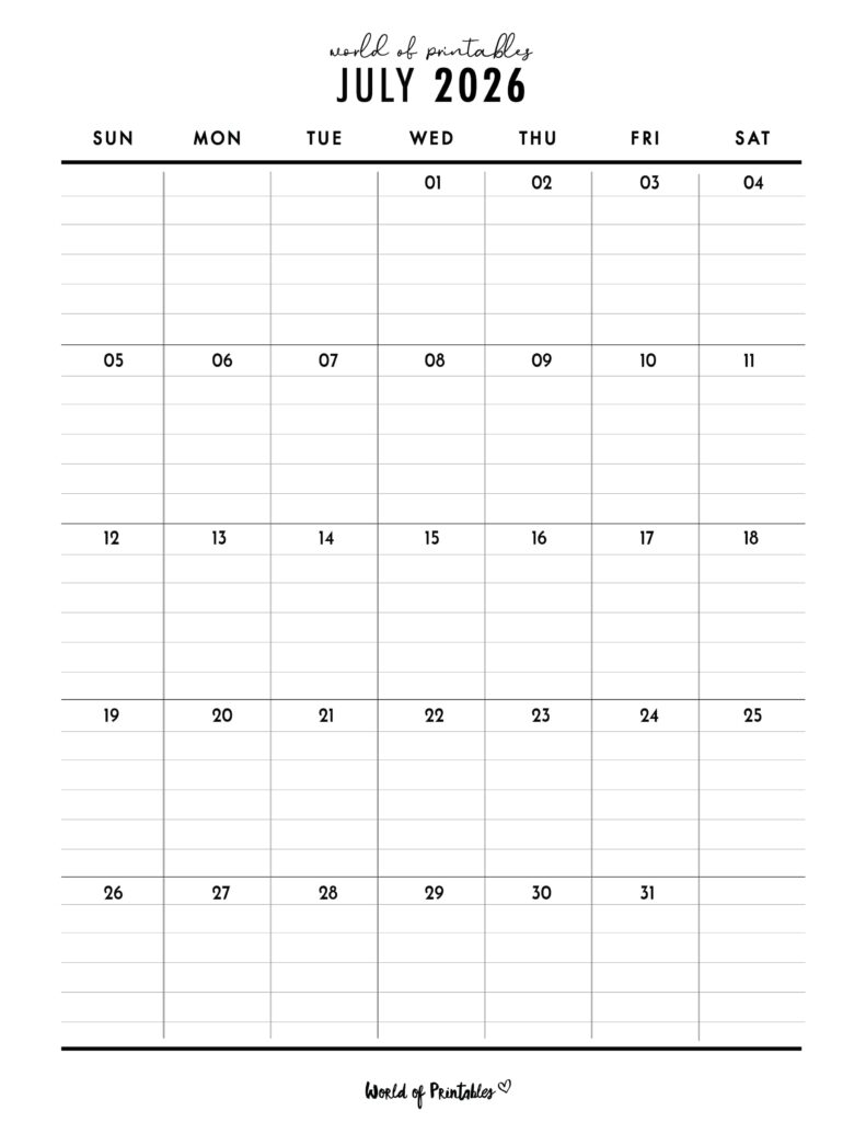 Printable July 2026 Calendar Design 374
