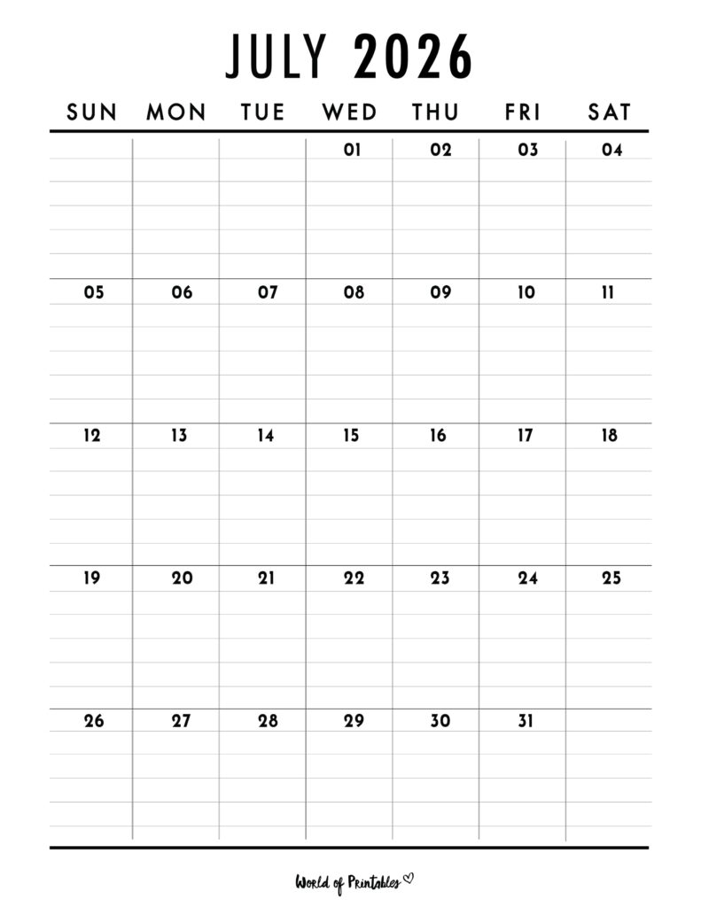 Printable July 2026 Calendar Design 375