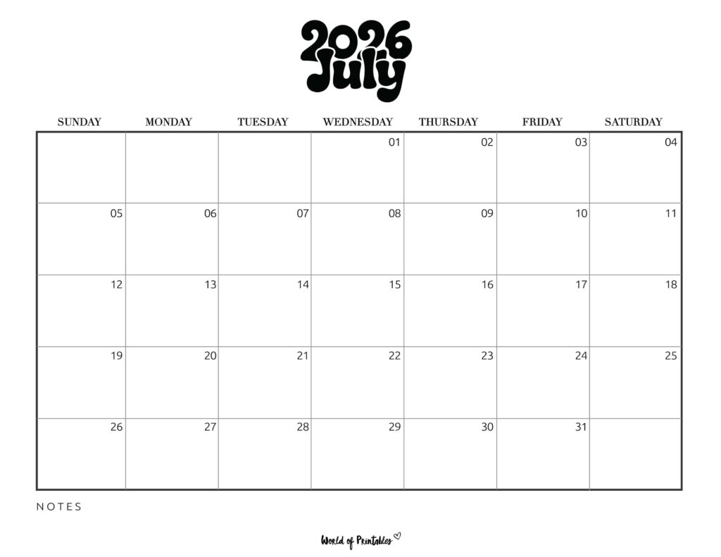 Printable July 2026 Calendar Design 377