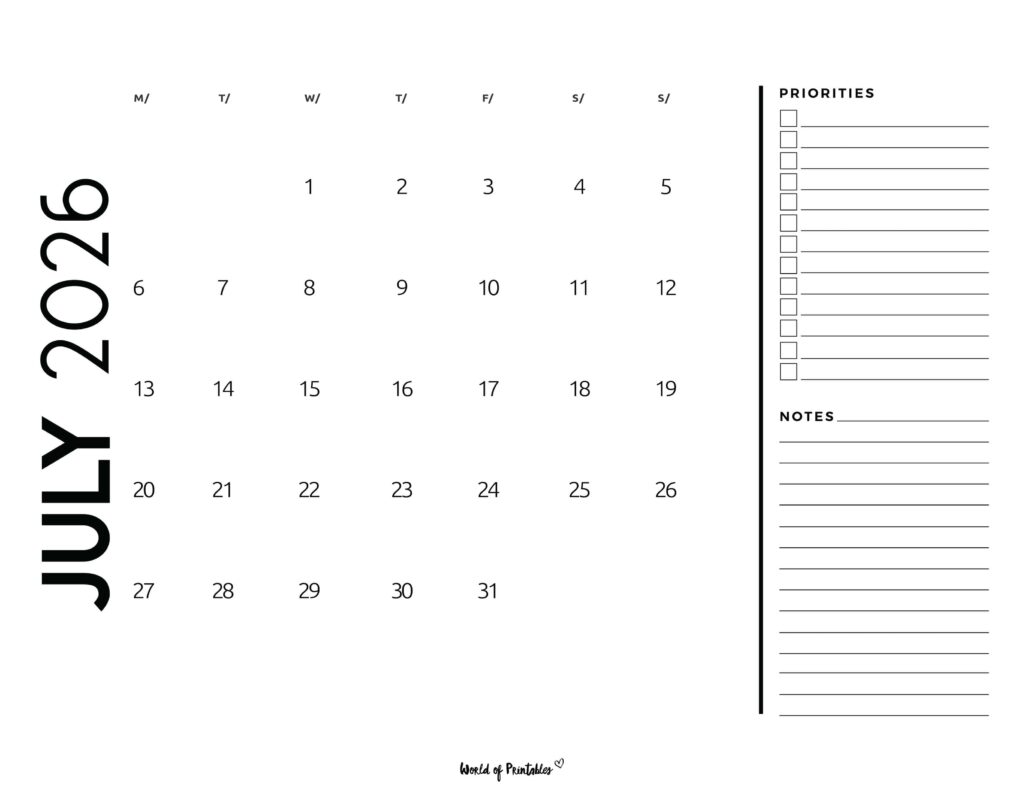 Printable July 2026 Calendar Design 68
