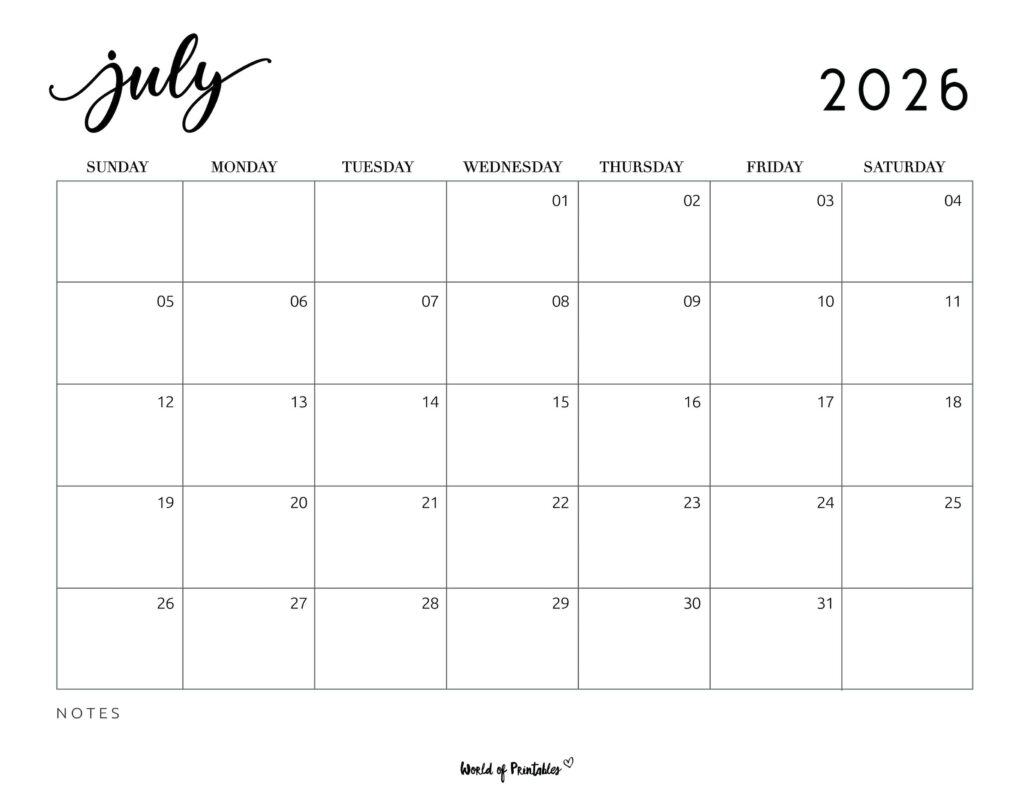 Printable July 2026 Calendar Design 7