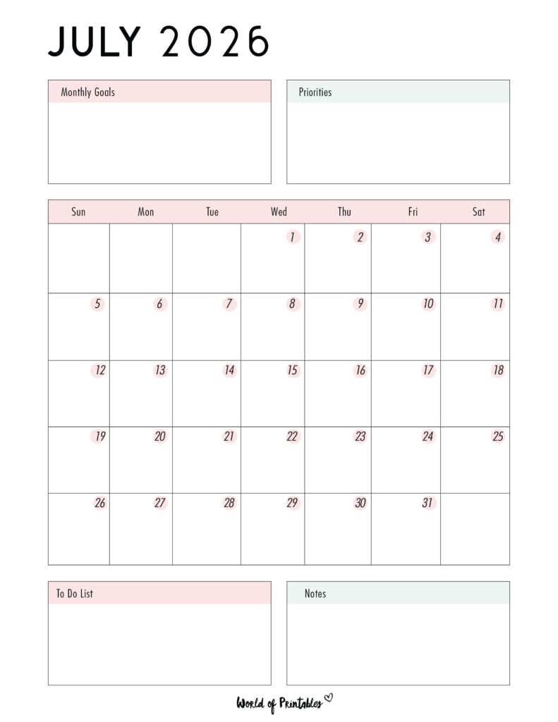Printable July 2026 Calendar Design 86