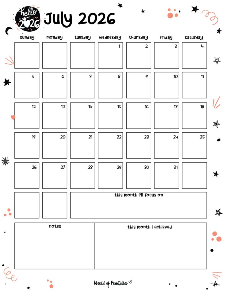 Printable July 2026 Calendar Design 88