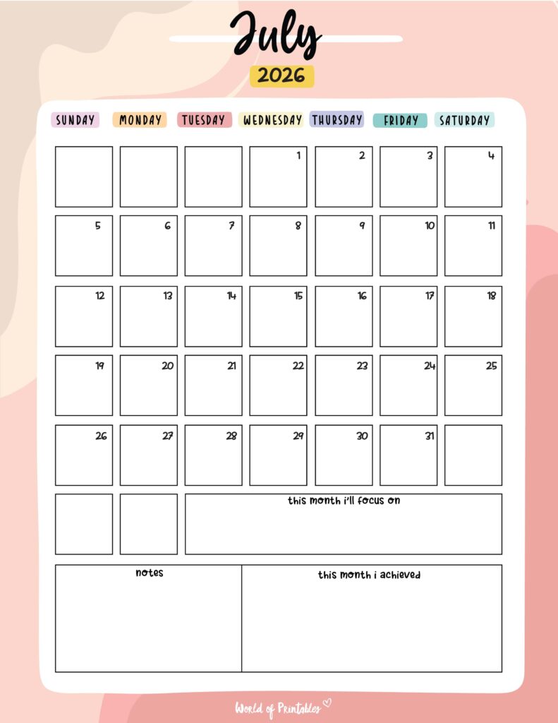 Printable July 2026 Calendar Design 89