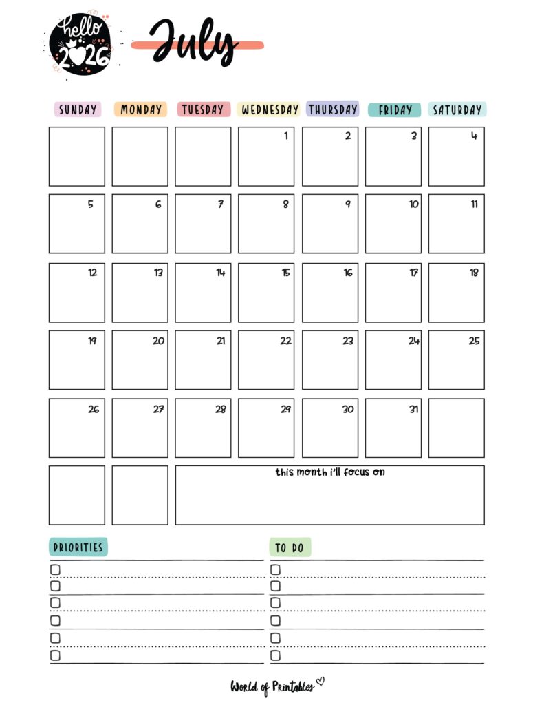 Printable July 2026 Calendar Design 90