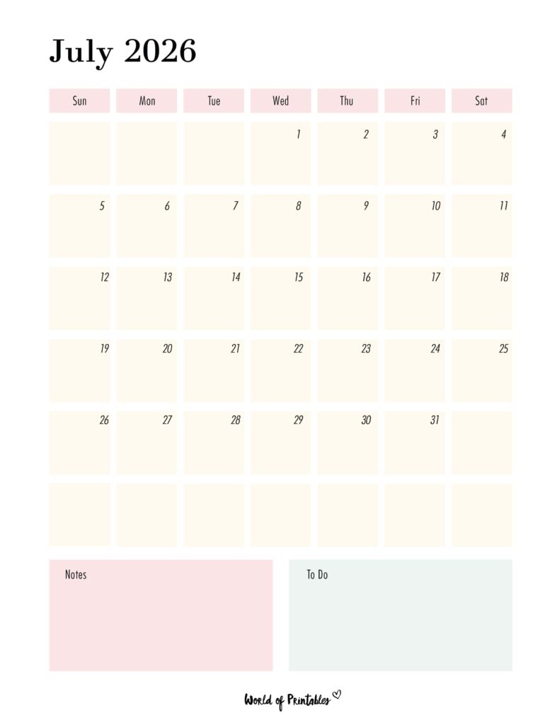 Printable July 2026 Calendar Design 96
