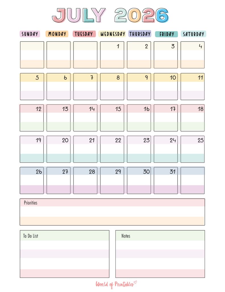 Printable July 2026 Calendar Design 98