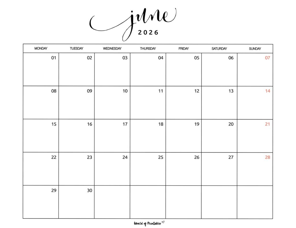 Printable June 2026 Calendar Design 1