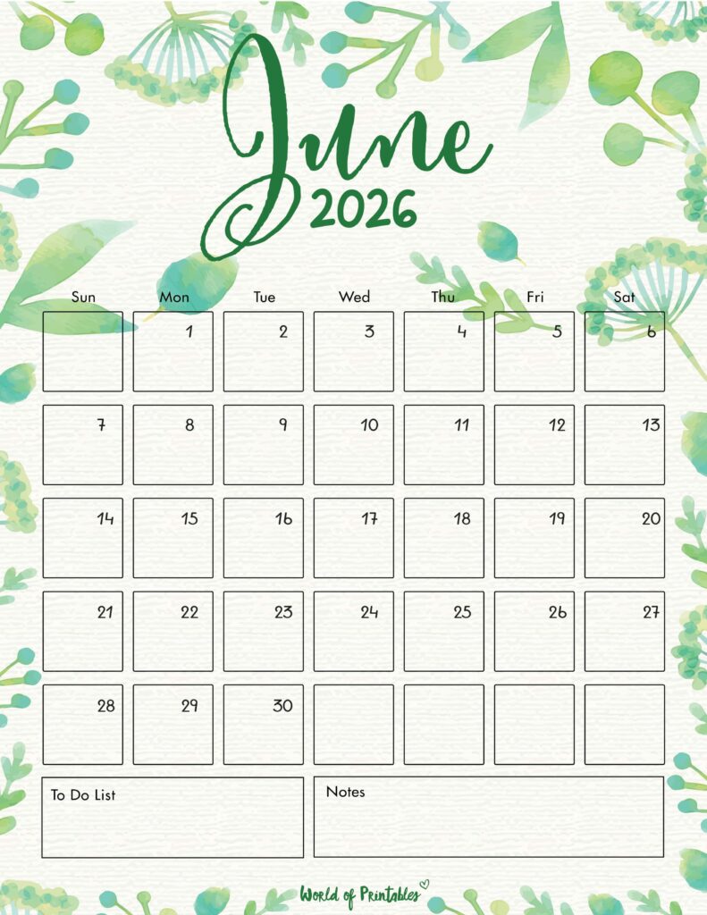 Printable June 2026 Calendar Design 100