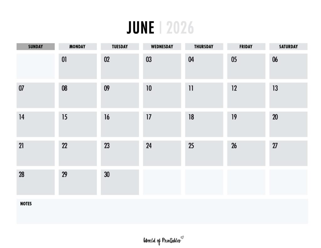 Printable June 2026 Calendar Design 101