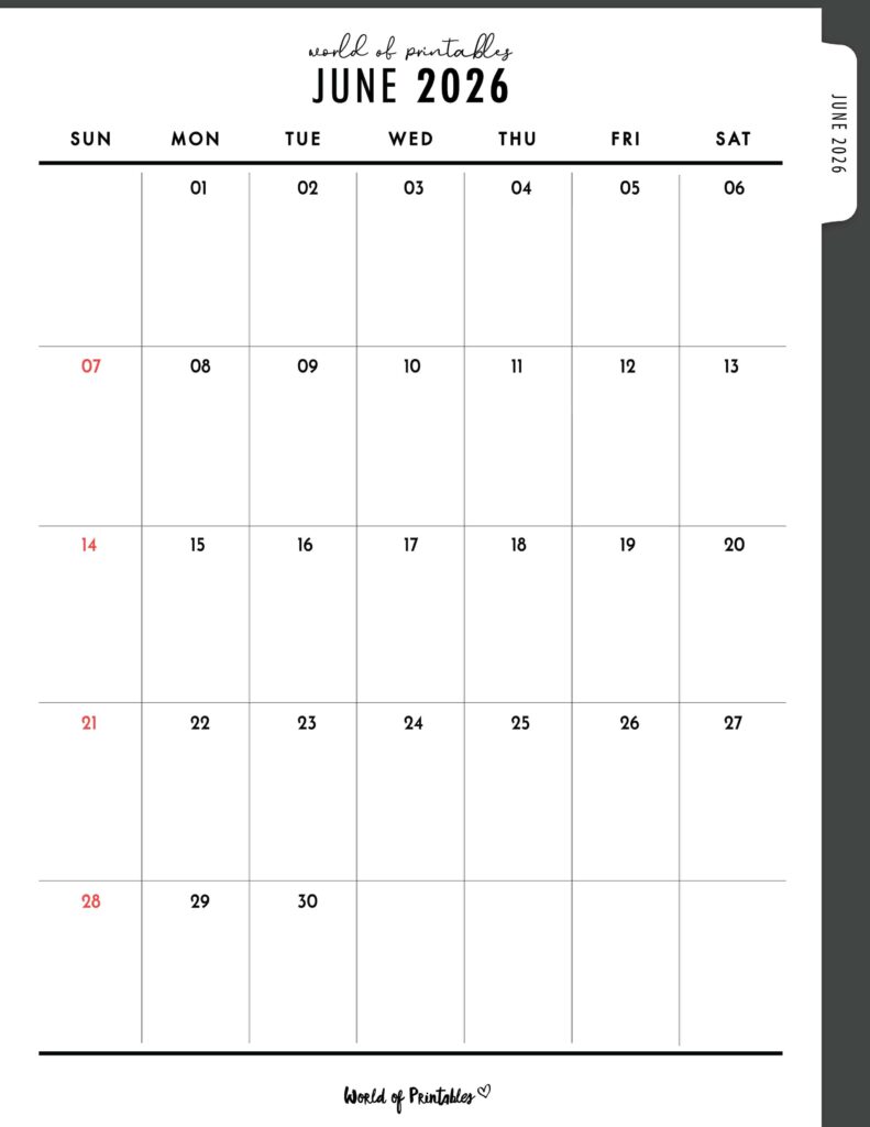 Printable June 2026 Calendar Design 307