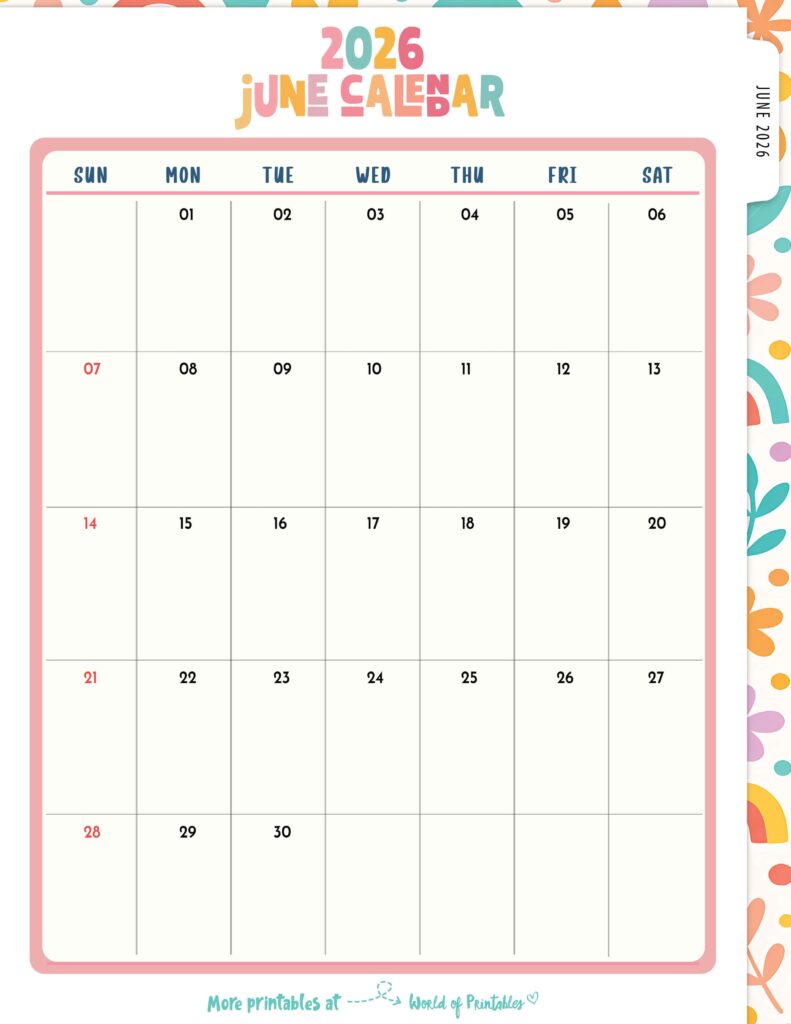 Printable June 2026 Calendar Design 310