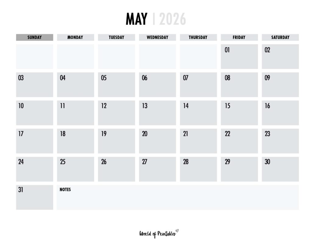 Printable May 2026 Calendar Design 101
